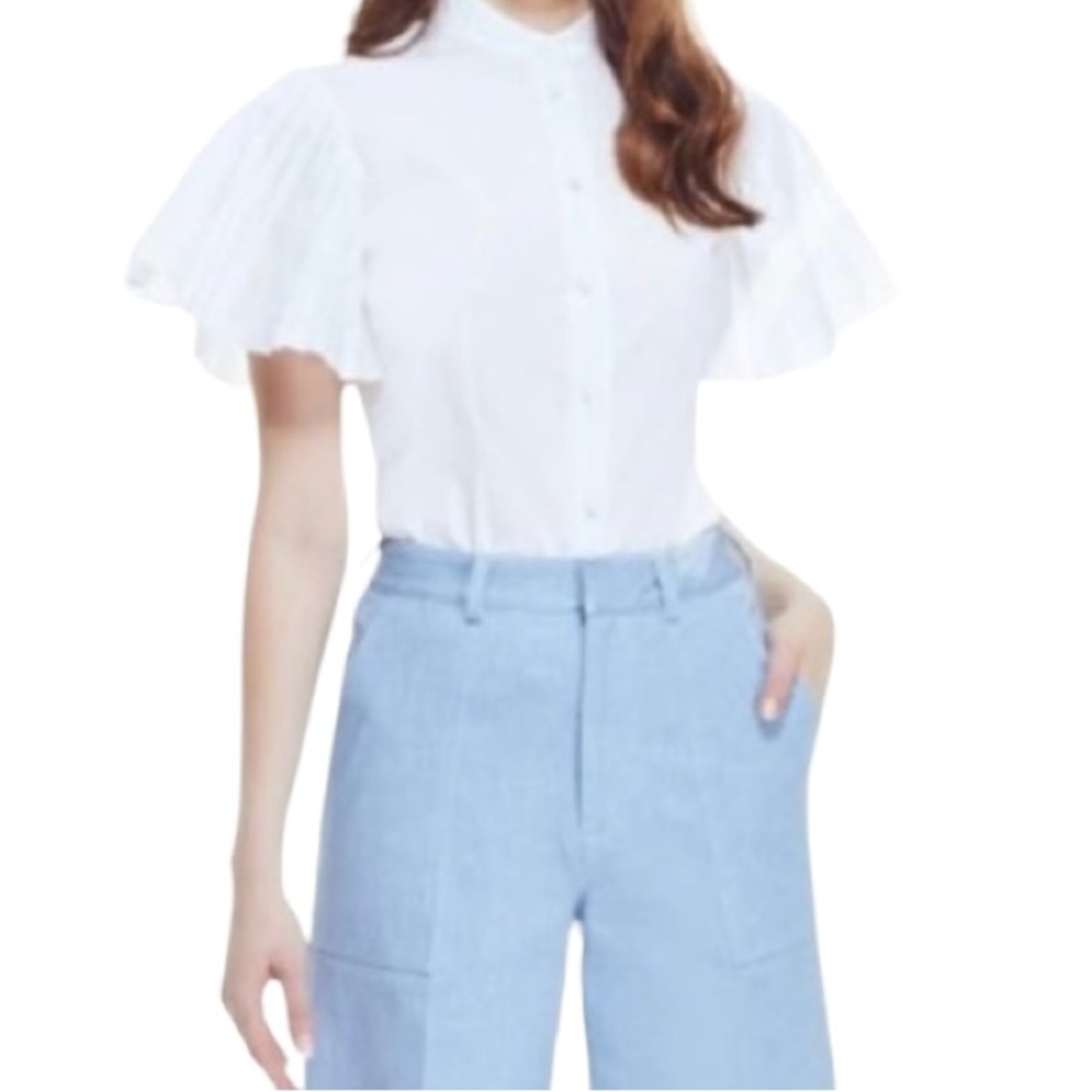 Lela Rose Pearl White Cotton Poplin Pleated Sleeve Blouse 2